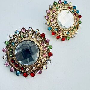 Gold Tone Round Pierced Earrings Multi-coloured Glass Stones
